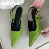 Fashion Green Women Heels Pumps Fashion Footwear Sandals Shoes For Female Shallow Pointed Toe Ladies Thin High Heels Buckle Strap Shoe