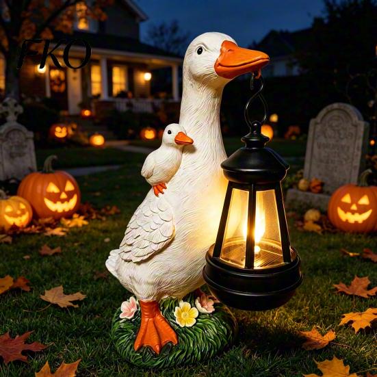 Resin Duck Statue with Flowers Garden Solar Lantern, Cute Mom And Baby Sculpture Outdoor Decor Lamp, Waterproof Light for Yard Lawn Patio