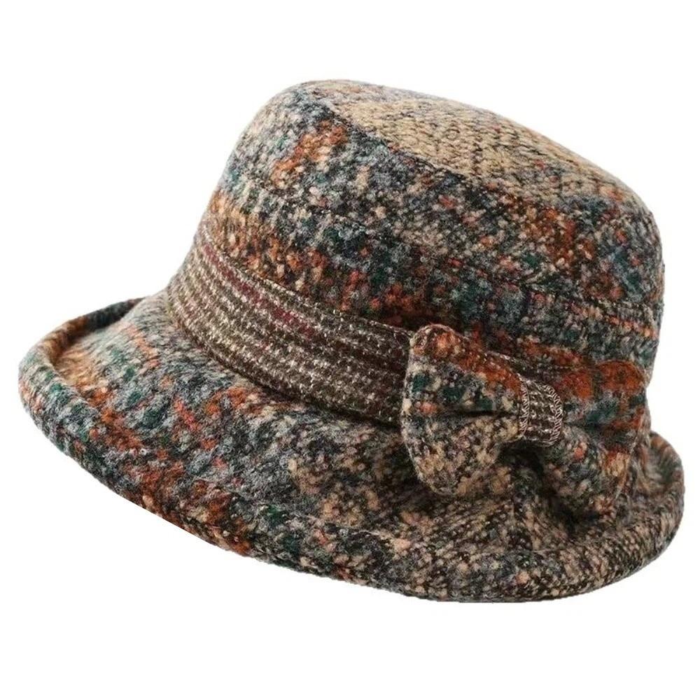 Thickened Bow Top Hat Windproof Cloche Hat Ladies Middle Aged Women Bucket Hat Autumn