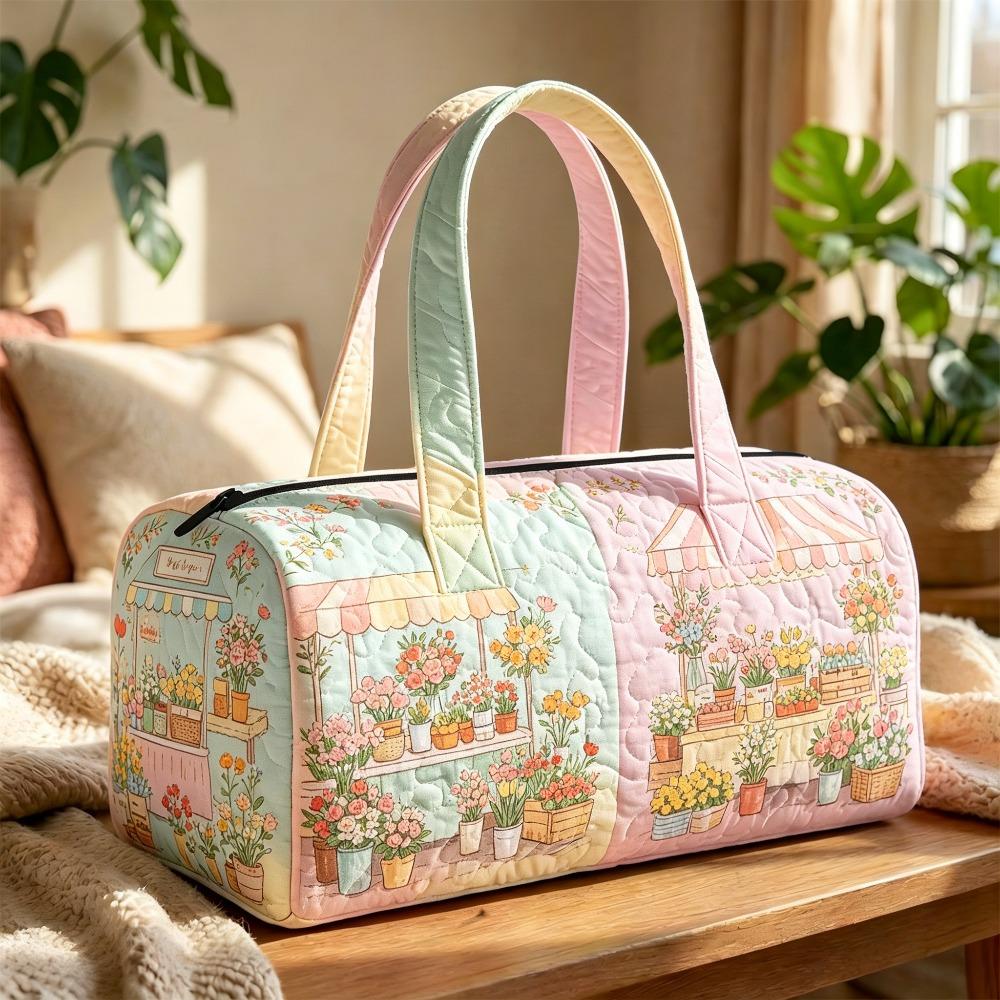 Pastel patchwork flower shop print quilted travel handbag weekend bag Bohemian fitness bag cute cartoon flower stall gradient handle graphic