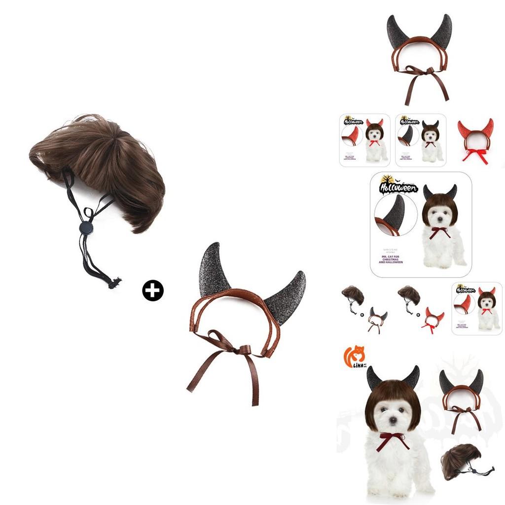 Adorable Pet Costume Accessory Set With Horned Headband And Cute Wig For Parties