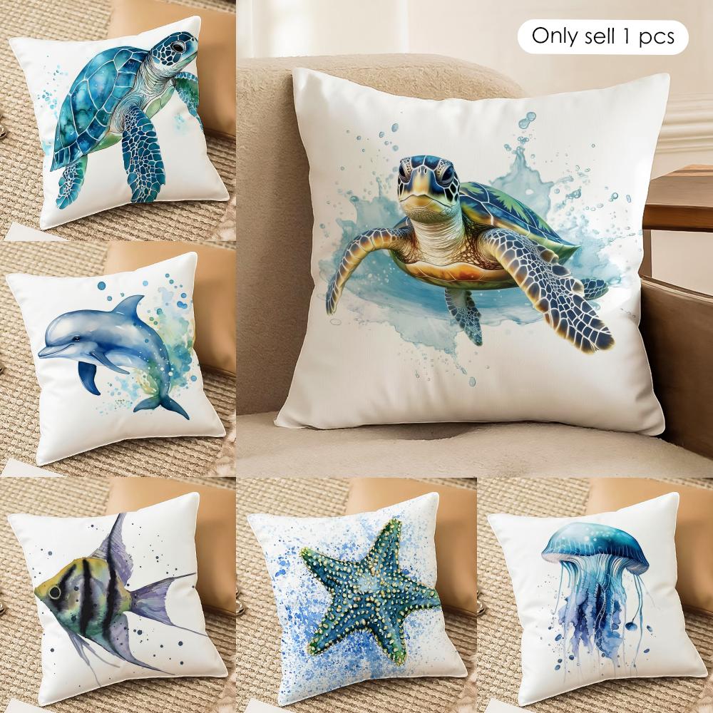 Sea Animal Turtle Coral Cushion Cover Soft Plush Fabric DoubleSided Printed Sofa Cushion Cover for All Seasons Home Decor Gift