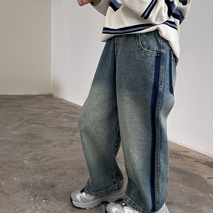 Длинные брюки для детей на весну и осень. Джинсы для мальчиков. Корейские прямые свободные брюки.