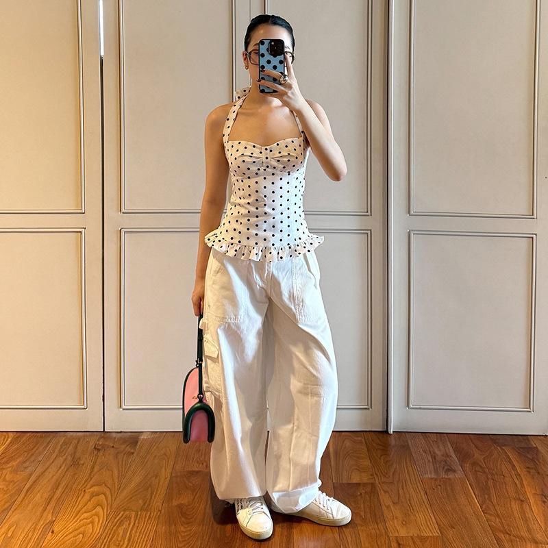 Женские топы в горошек с вырезом халтер, низким вырезом, на завязках, с оборками, без спинки, без рукавов, облегающие, модные, уличные, универсальные, жилет