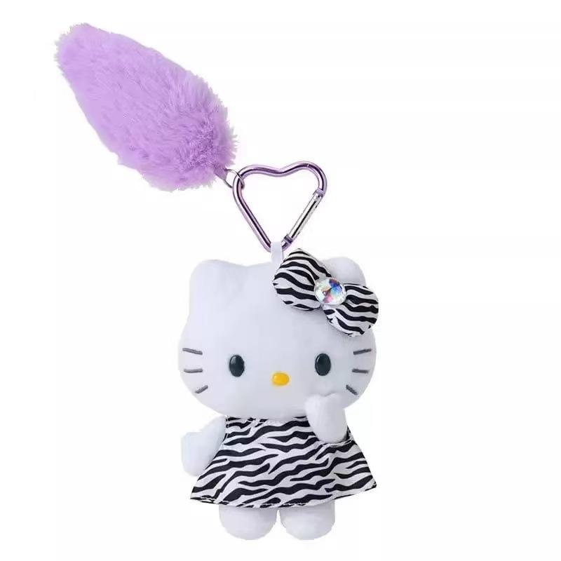 Kawaii Hello Kitty Plush Keychain Leopard Print Pink Tail Stuffed Pendant Bag Charm Backpack Decor Cute Gift for Teen Girls