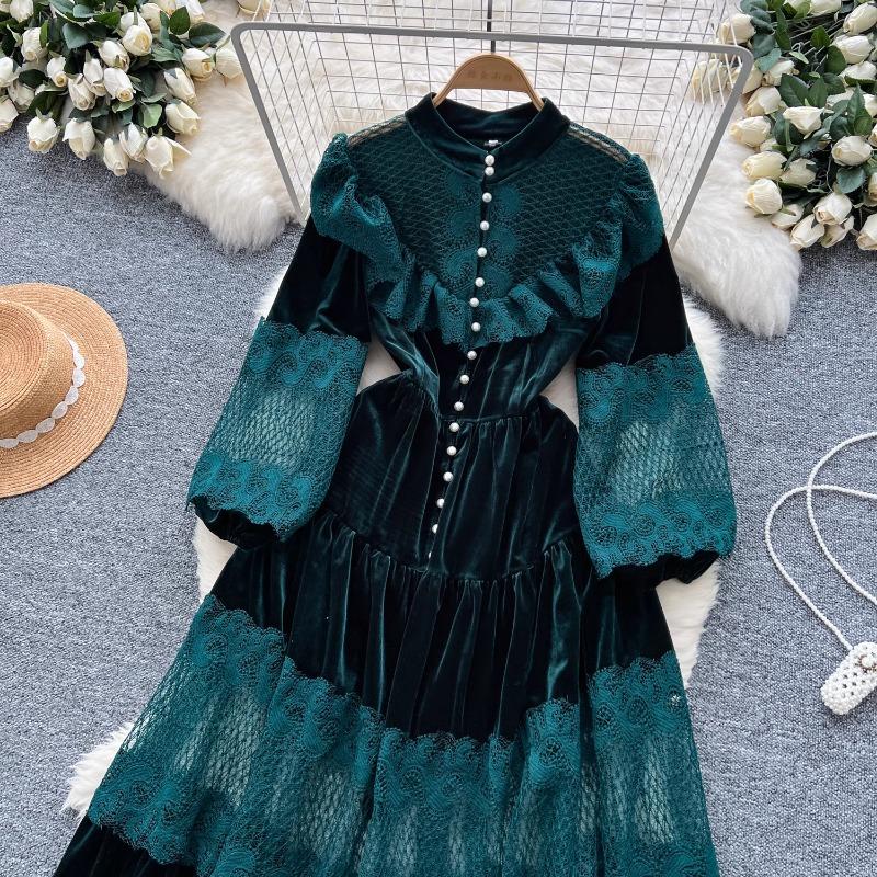 Платья High Street Женские ретро кружевные пэчворк золотые бархатные платья с французской жемчужной пряжкой длиной до талии винтажные шикарные платья