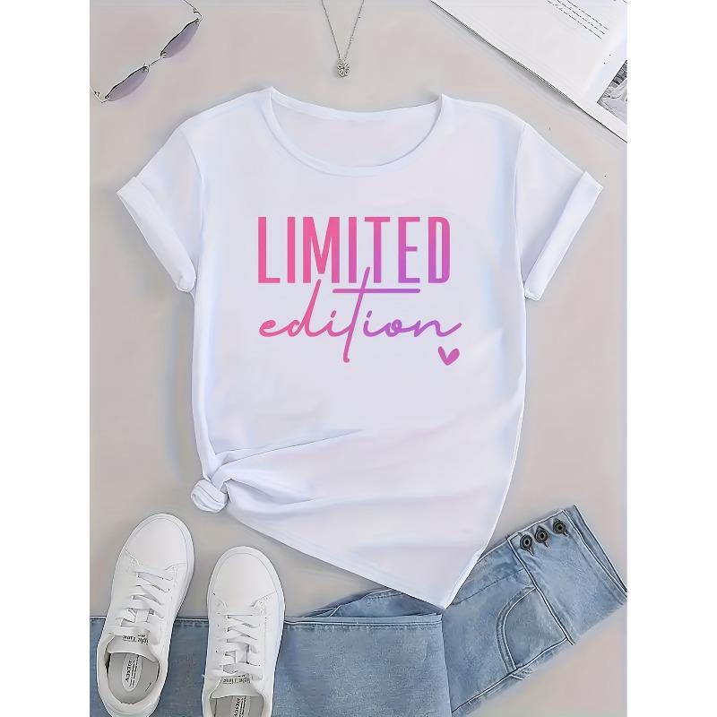 Европейский размер [Футболка с буквенным слоганом] Графическая футболка с буквенным слоганом - Повседневная с круглым вырезом и коротким рукавом, Машинная стирка
