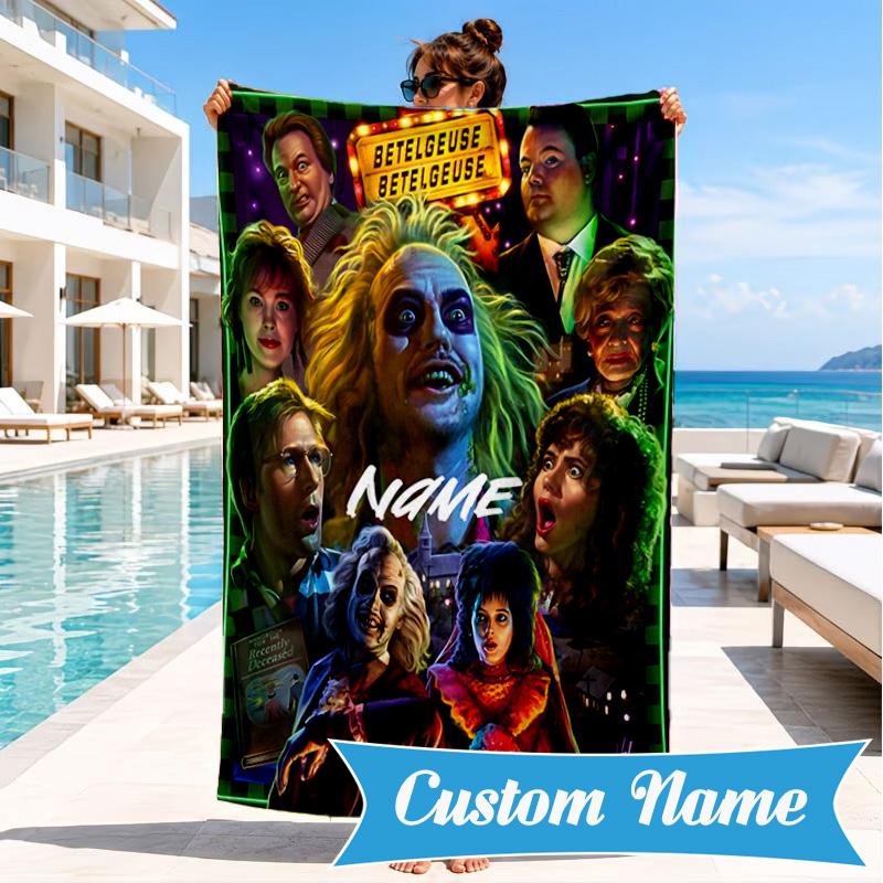 Custom Name Beetlejuice Horror Beach Towel Microfiber Beach Towel, Lightweight and Quick-Dry, for Summer Travel, Swimming Pool Gift