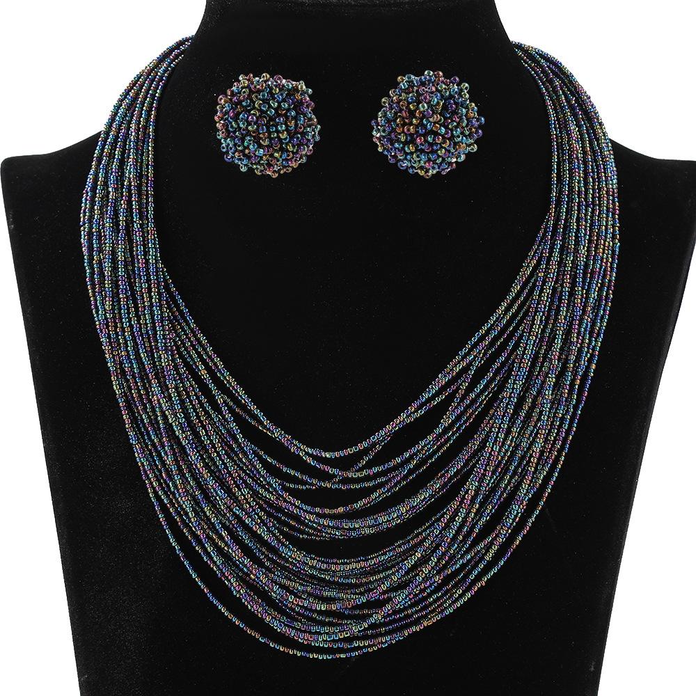 Богемный Многослойный Набор Серьги-Ожерелье из Рисового Бисера Ретро Этнический Стиль Цепочка на Свитер Женские Многослойные Украшения