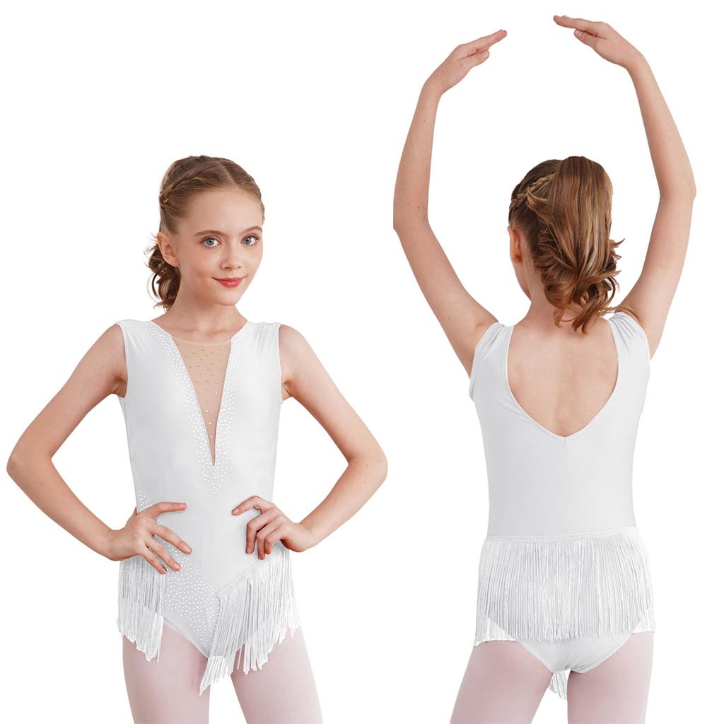 Kids Girls Shiny Figure Skating Sleeveless Leotard Rhythmic Gymnastics Fringed Bodysuit