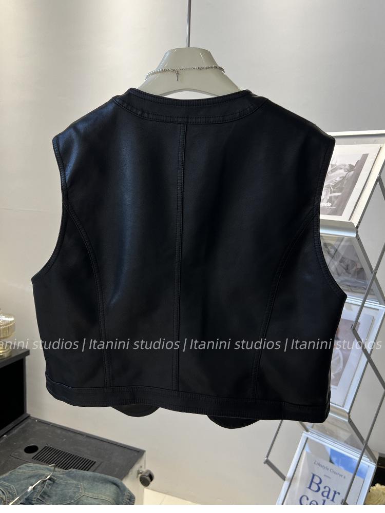 Женский мотоциклетный жилет из искусственной кожи - Короткий жилет без рукавов, 2025 Осень Корейский стиль верхняя одежда