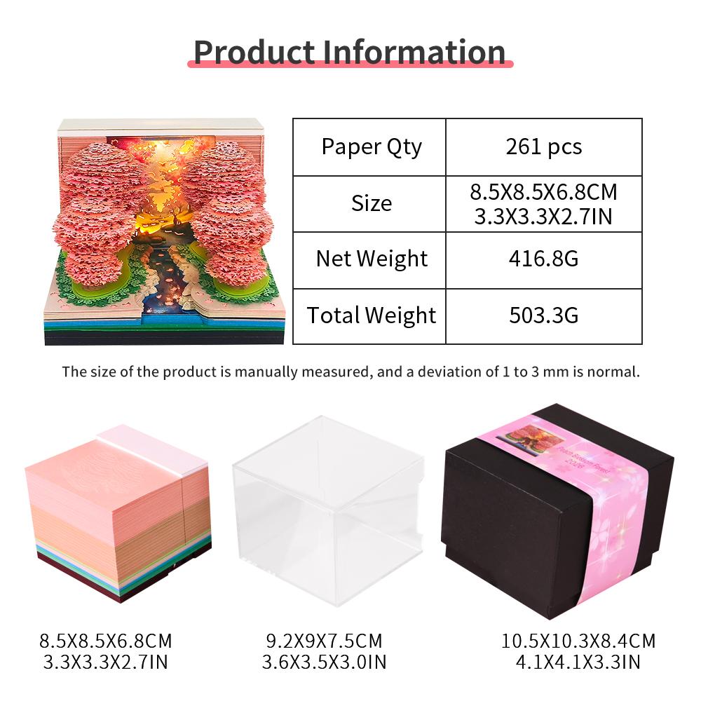 Peach Blossom Forest 3D Creative Gift Precut Paper Cards Cube with LED Light and Weekly Calendar Romantic Pink Desk Ornament