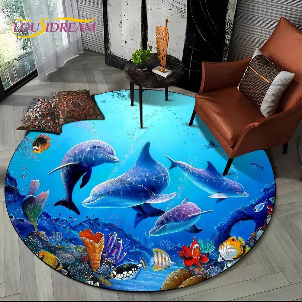 Круглый ковер 3D Иллюзия Морского Дна Дельфин, Коврик с Принтом Подводного Мира Нескользящий для Гостиной, Спальни, Игровой Комнаты, Декора Дома