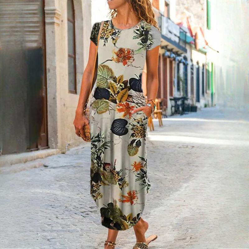 QICED Женская мода лето весна однотонный принт с коротким рукавом и круглым вырезом с высокой талией повседневные платья