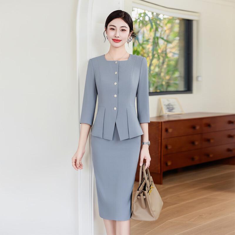 Women's Blue-grey 3/4 Sleeve Business Suit Set