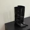 Sheepskin Version~ Black Knee-length Boots Women's Belt Buckle Wedge Pants Boots Retro Temperament Tall Knight Boots