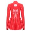 Women Latex Dress Deep V Neck Mesh Long Sleeves Mini Dress Shiny Faux Leather Dress Halloween Costume Rave Party Punk Club Wear