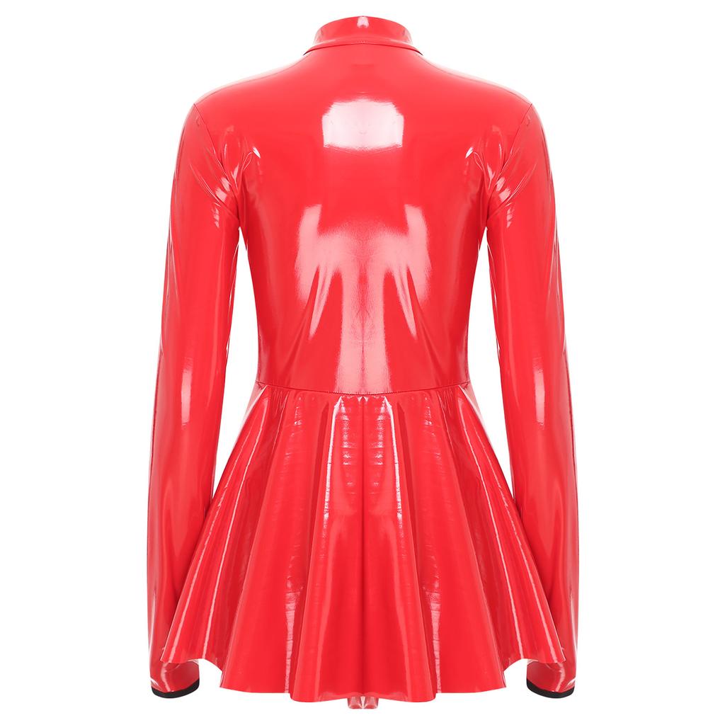 Women Latex Dress Deep V Neck Mesh Long Sleeves Mini Dress Shiny Faux Leather Dress Halloween Costume Rave Party Punk Club Wear
