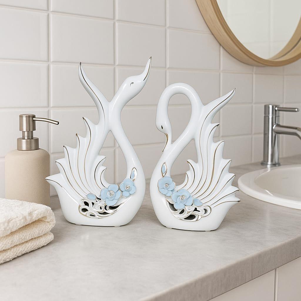 Modern Elite Swan Pair Ceramic Art Figure | Beautiful Home Decor (Set of 2, White)