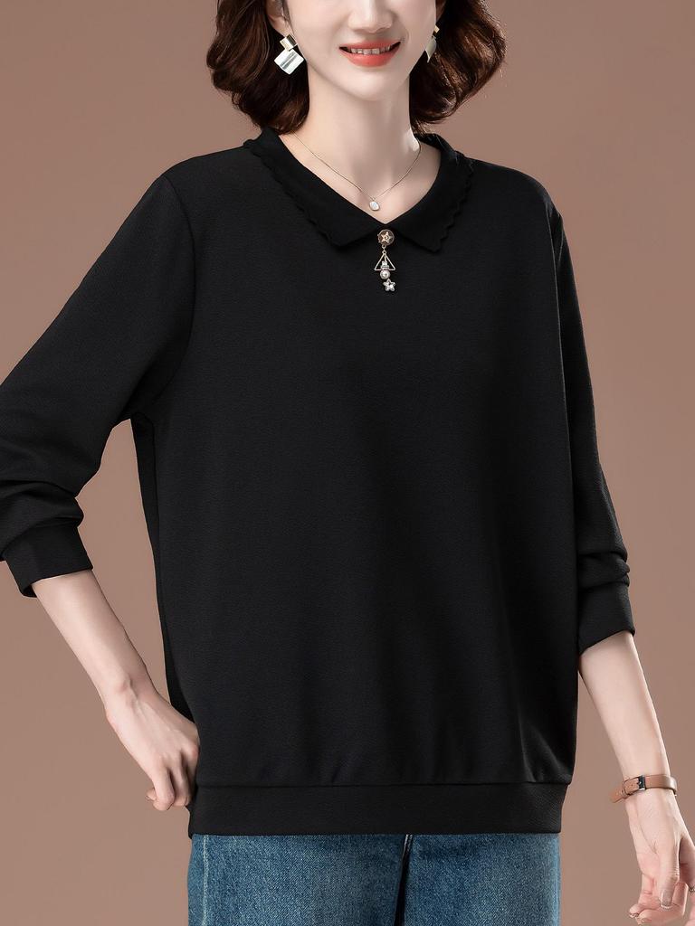 Plus Size Women's Autumn Long Sleeve Versatile Loose Turn-Down Collar T-shirt for Middle-Aged Moms
