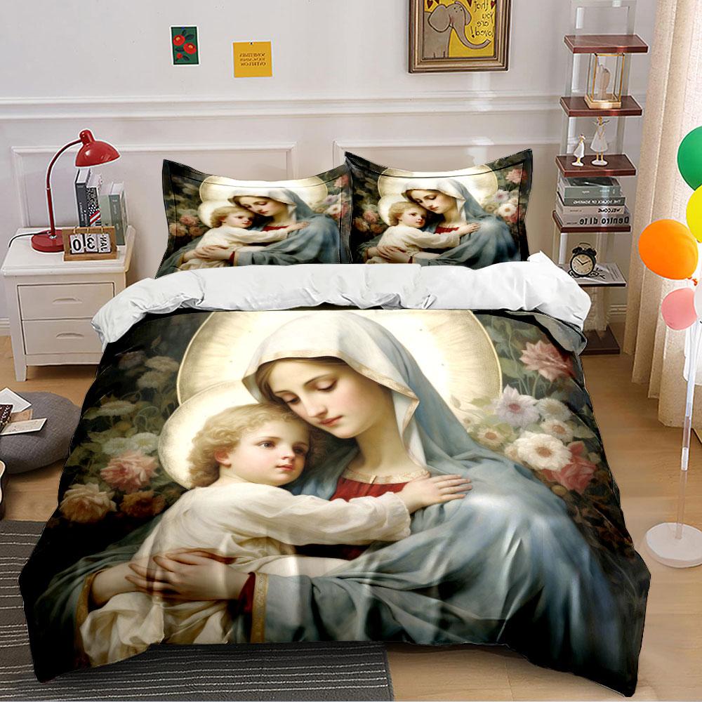 Mother and Child Religious Art Bedding Duvet Cover Set (1*Duvet Cover 2*Pillowcases, without duvet insert)