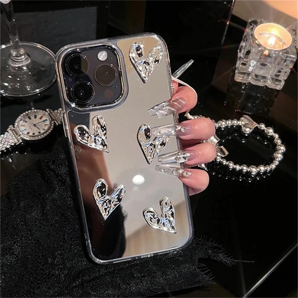 Стильный Корейский Милый 3D Чехол-Бралетт с Сердечком для Телефона iPhone 17 Air 16 15 13 11 12 Pro Max 14 Plus Серебристый Зеркальный Чехол для Девочки