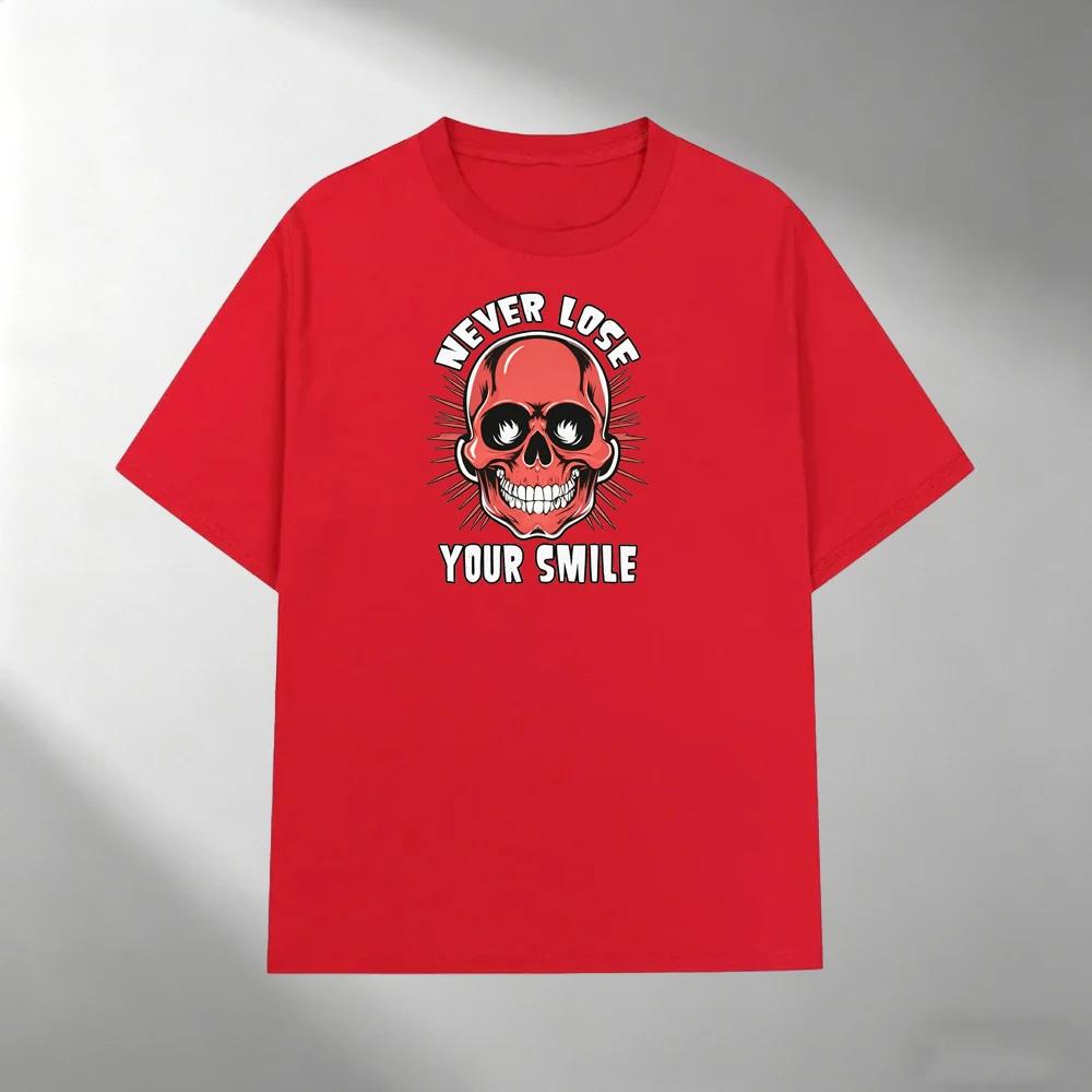 Unisexs Cotton Tshirt Streetwear Never Lose Your Smile Skull Print Short Sleeve Casual Summer Oneck Tee Top Style Loose Tshirt