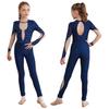 Kids Girls Shiny Gymnastics Unitard Bodysuit Long Sleeve Back Keyhole Mesh Patchwork Ice Skating Jumpsuit