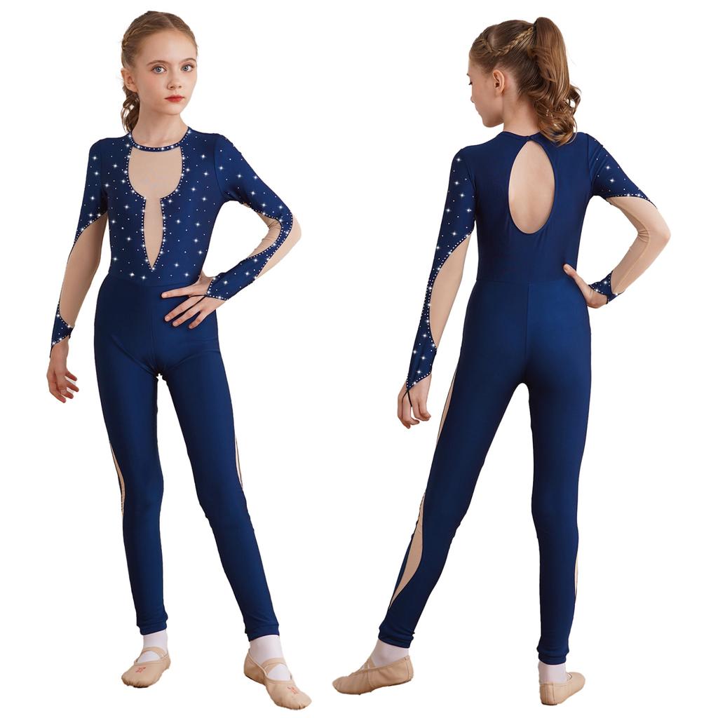 Kids Girls Shiny Gymnastics Unitard Bodysuit Long Sleeve Back Keyhole Mesh Patchwork Ice Skating Jumpsuit