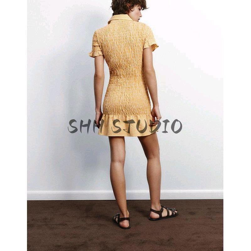 Spring New Women Clothes French Style Frill Temperament Small Plaid Short Sleeve Lapel Short Dress 4661327