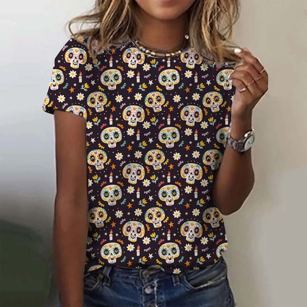 Summer Round Neck 3D Colorful Skull Pattern Print Top Fashionable Casual Short Sleeved Women's T-shirts