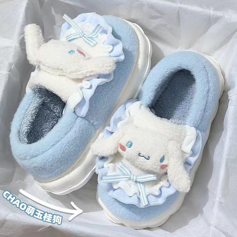 Милые зимние тапочки с изображением мультяшной собаки с корицей - теплые, толстые, пушистые хлопковые балетки для женщин и девочек