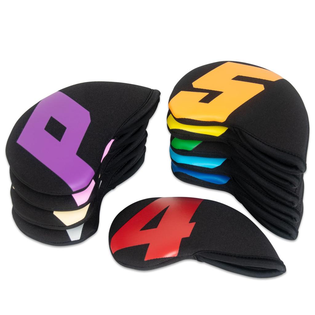 Чехол для гольф-айрона, чехол для головки клюшки, набор из 10 штук (4-9,П,А,С,Х) Из неопрена Эластичные Большие Цифры Черная Основа и Цветные Цифры