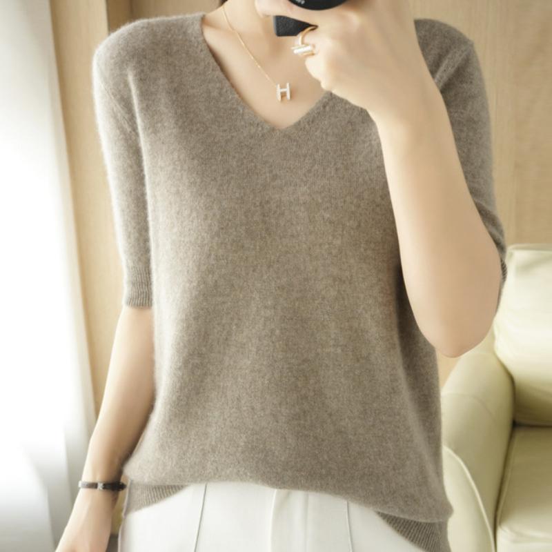 IHUASU Women's Spring Short-sleeved Jumper Knitwear V-neck Tide with Loose Bottoming Shirt T-shirt