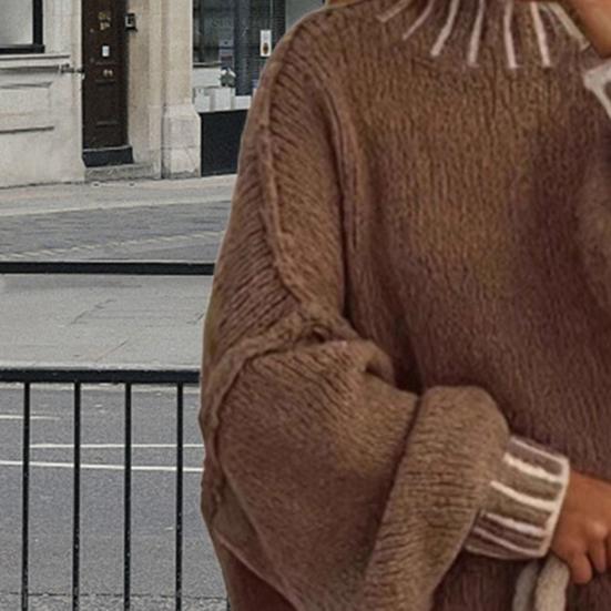 Women Oversized Pullover Sweater Turtleneck Long Sleeve Patchwork Color Winter Knitting Tops Loose Fit Thickened Knit Jumper Tops