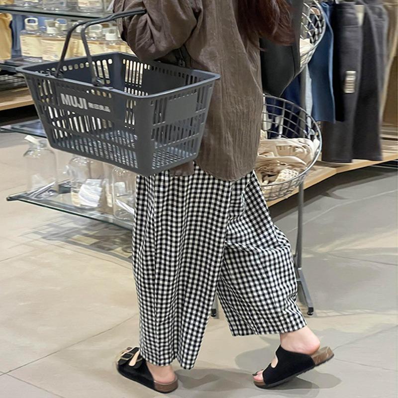 Black and white plaid pants women's summer thin new high-waisted and thin casual cotton and linen small nine-point grandma pants