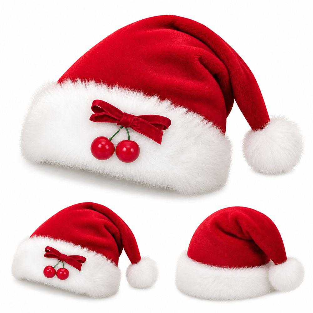 Plush Fabric Red Santa Hat with Cherry Long Fur Hat Stylish Christmas Hat  Christmas