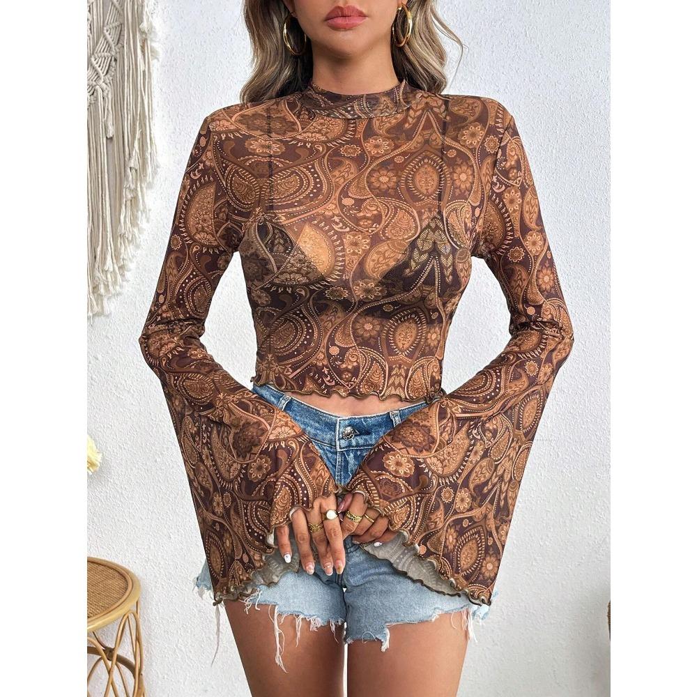 Spring Summer Ladies Mesh Printed Round Neck Flared Sleeve Long Sleeve T-Shirt