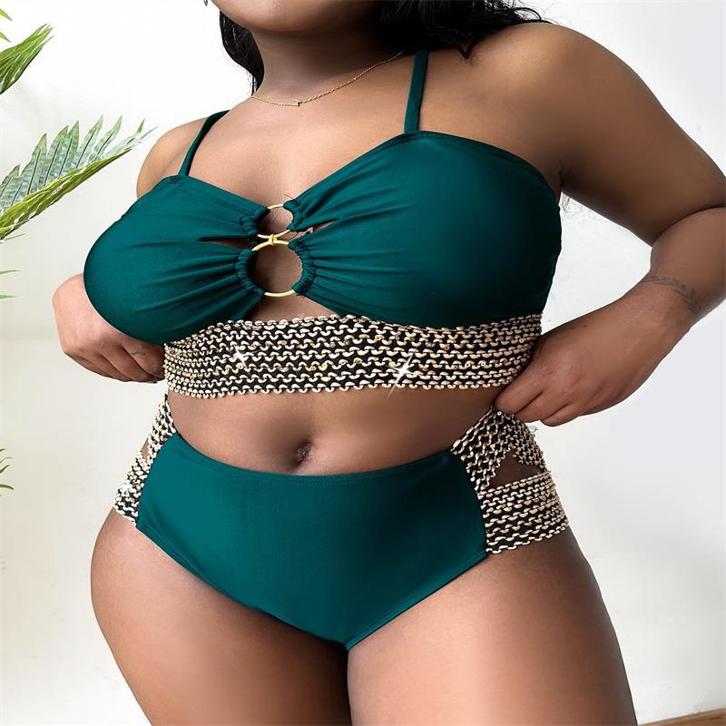 2025 Patchwork Hollow Two Piece Plus Size Bikini Women Strapped High Waist Swimsuit Brazilian Beach Lady Bathing Suit
