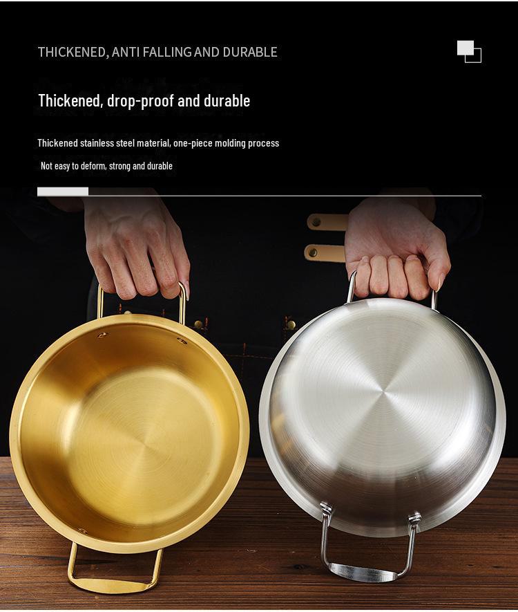 Золотистая корейская кастрюля для рамэна из нержавеющей стали с крышкой — двойные ушки, утолщенная, идеально подходит для лапши, супа или небольших горячих блюд.