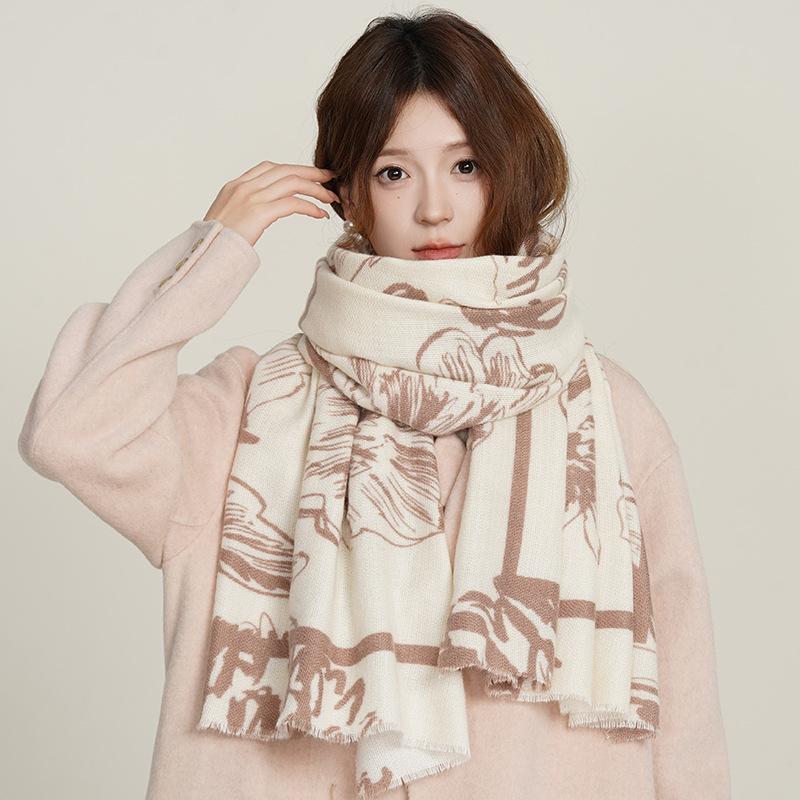 Autumn And Winter Flower Printed Cashmere Scarf Female Japanese And Korean Literary And Fresh Student Commuting Thickened Warm Shawl