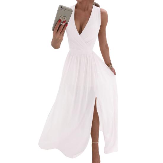 Женское вечернее платье с V-образным вырезом без рукавов, плиссированное подол с разрезом, тонкая талия, длина до пола, сплошной цвет, свадебное коктейльное платье для выпускного вечера, макси-платье