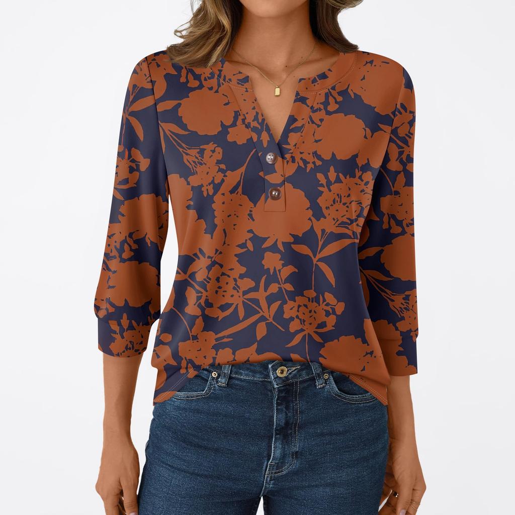 Женская модная повседневная футболка с рукавом 3/4, с принтами, V-образным вырезом и пуговицами