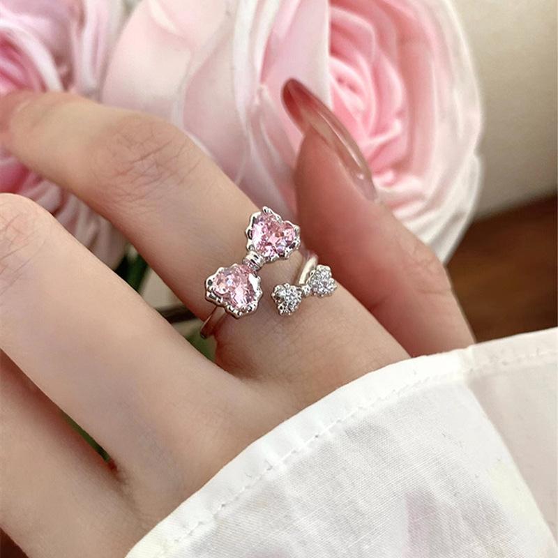 Y2K Pink Crystal Bowknot Zircon Rings for Women Fashion Sweet Lovely Girl Open Adjustable Ring Kpop Party Jewelry Gift 2023