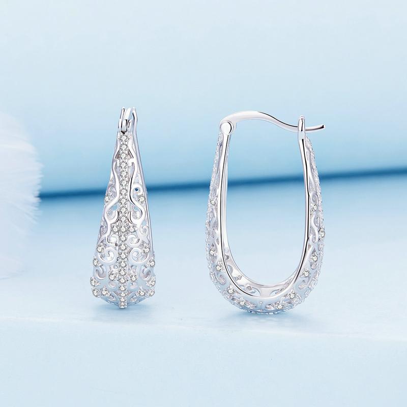 BAMOER 925 Sterling Silver Decorative Vine Hollow Pattern Hoop Earrings Waterdrop Shape Ear Buckles for Women Luxury Jewelry