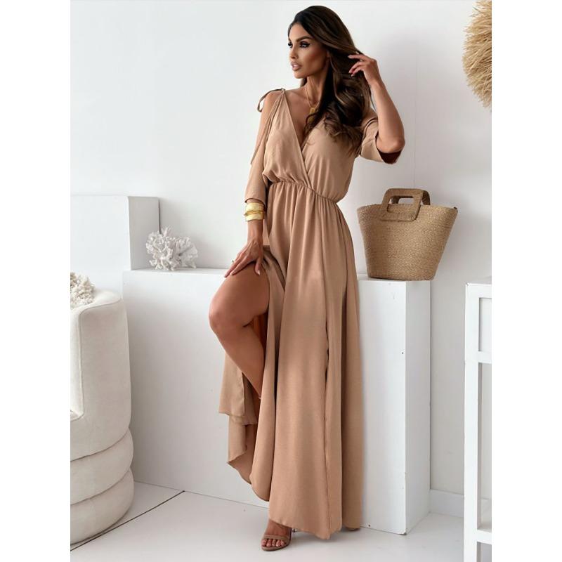 YYFS Women's Fashion Summer Spring Solid Color Print Short Sleeve V-Neck High Waist Casual Dresses