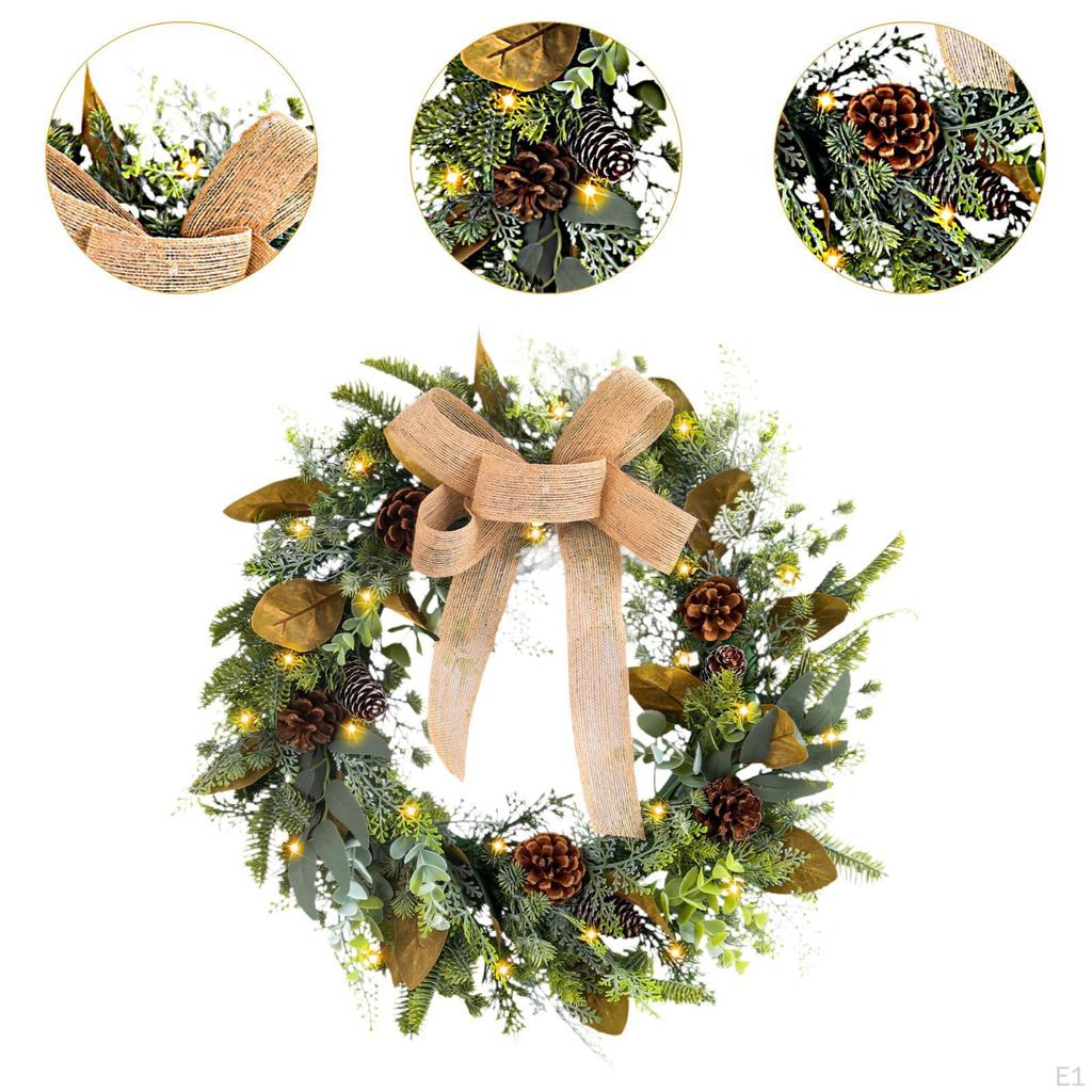 Christmas Wreath with Lights Artificial Decorative Front Door Decorated Bowknot