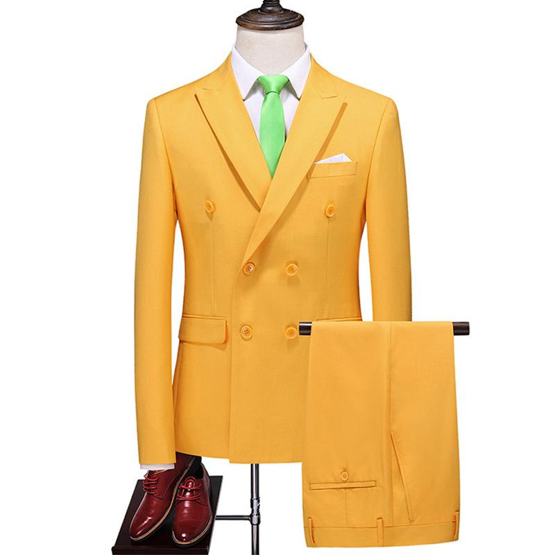 Fashion Men's Business Double Breasted Solid Color Suit Coat / Male Slim Wedding 2 Pieces Blazers Jacket Pants Trousers