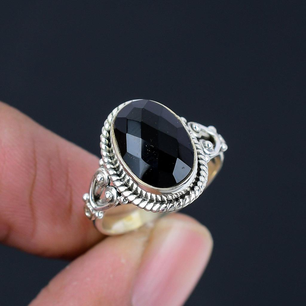 Натуральный черный оникс, драгоценный камень, стерлинговое серебро 925 пробы, граненое кольцо ручной работы, ювелирные изделия для женщин и девочек