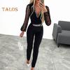 Women Jumpsuit Rhinestone See-through Mesh Chain Decor Slim Fit V Neck High Waist Solid Color Formal Commute Style Long Jumpsuit